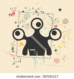 Cute monster on retro grunge background. Cartoon illustration. Vintage vector illustration.