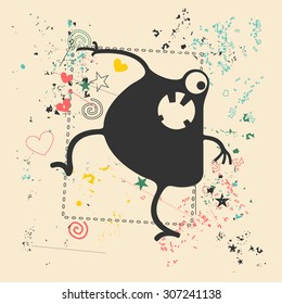 Cute monster on retro grunge background. Cartoon illustration. Vintage vector illustration.