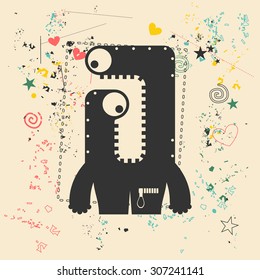 Cute monster on retro grunge background. Cartoon illustration. Vintage vector illustration.