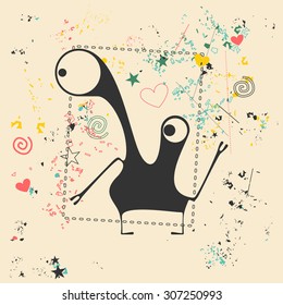 Cute monster on retro grunge background. Cartoon illustration. Vintage vector illustration.