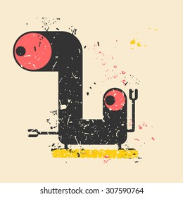 Cute monster on retro grunge background. Cartoon illustration. Vintage vector illustration.
