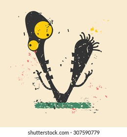 Cute monster on retro grunge background. Cartoon illustration. Vintage vector illustration.