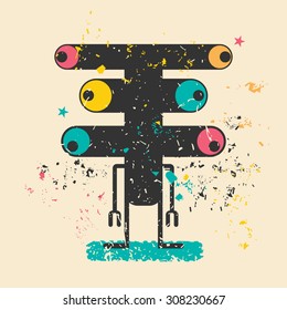 Cute monster on retro grunge background. Cartoon illustration. Vintage vector illustration.