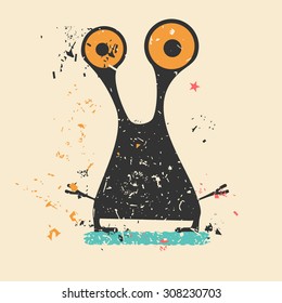 Cute monster on retro grunge background. Cartoon illustration. Vintage vector illustration.