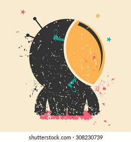 Cute monster on retro grunge background. Cartoon illustration. Vintage vector illustration.