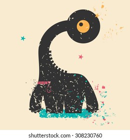 Cute monster on retro grunge background. Cartoon illustration. Vintage vector illustration.