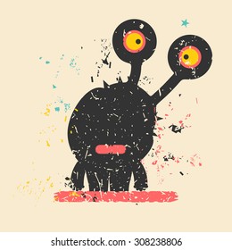 Cute monster on retro grunge background. Cartoon illustration. Vintage vector illustration.