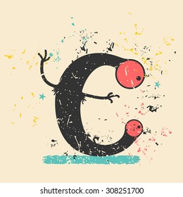 Cute monster on retro grunge background. Cartoon illustration. Vintage vector illustration.