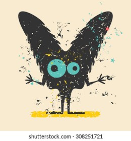 Cute monster on retro grunge background. Cartoon illustration. Vintage vector illustration.