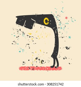 Cute monster on retro grunge background. Cartoon illustration. Vintage vector illustration.
