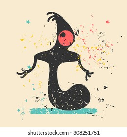 Cute monster on retro grunge background. Cartoon illustration. Vintage vector illustration.