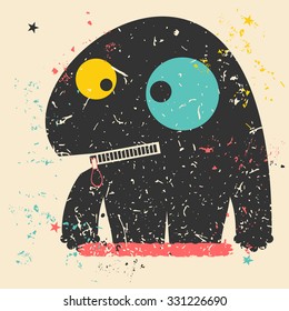 Cute monster on retro grunge background. Cartoon illustration. Vintage vector illustration.