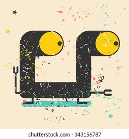 Cute monster on retro grunge background. Cartoon illustration. Vintage vector illustration.