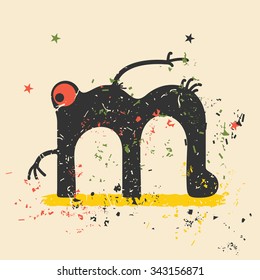 Cute monster on retro grunge background. Cartoon illustration. Vintage vector illustration.