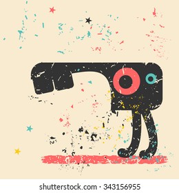 Cute monster on retro grunge background. Cartoon illustration. Vintage vector illustration.