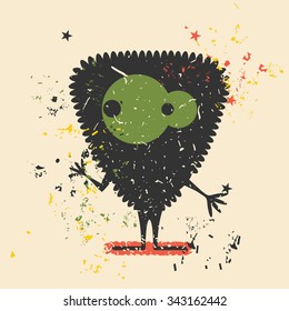 Cute monster on retro grunge background. Cartoon illustration. Vintage vector illustration.