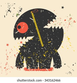 Cute monster on retro grunge background. Cartoon illustration. Vintage vector illustration.