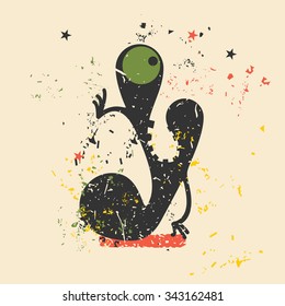 Cute monster on retro grunge background. Cartoon illustration. Vintage vector illustration.