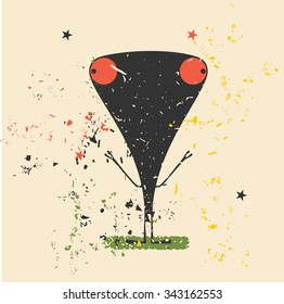 Cute monster on retro grunge background. Cartoon illustration. Vintage vector illustration.