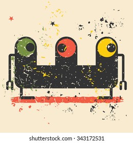 Cute monster on retro grunge background. Cartoon illustration. Vintage vector illustration.