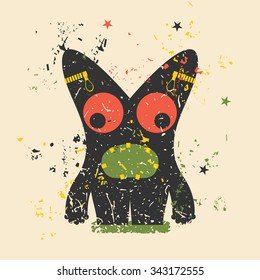 Cute monster on retro grunge background. Cartoon illustration. Vintage vector illustration.