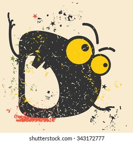 Cute monster on retro grunge background. Cartoon illustration. Vintage vector illustration.