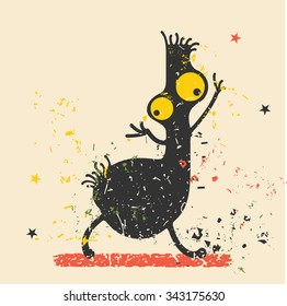 Cute monster on retro grunge background. Cartoon illustration. Vintage vector illustration.