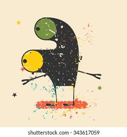 Cute monster on retro grunge background. Cartoon illustration. Vintage vector illustration.
