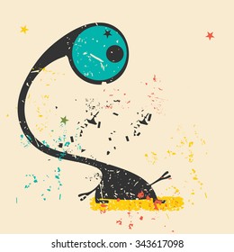 Cute monster on retro grunge background. Cartoon illustration. Vintage vector illustration.