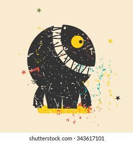 Cute monster on retro grunge background. Cartoon illustration. Vintage vector illustration.