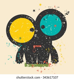 Cute monster on retro grunge background. Cartoon illustration. Vintage vector illustration.