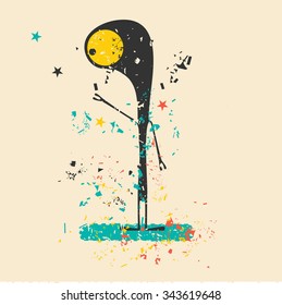 Cute monster on retro grunge background. Cartoon illustration. Vintage vector illustration.
