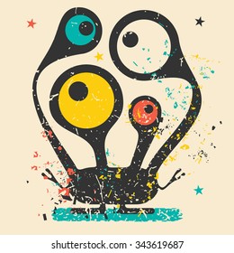 Cute monster on retro grunge background. Cartoon illustration. Vintage vector illustration.