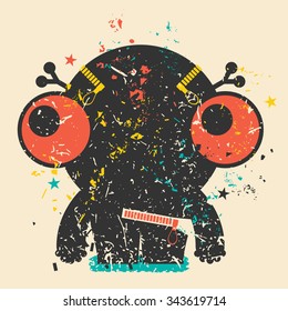 Cute monster on retro grunge background. Cartoon illustration. Vintage vector illustration.