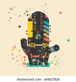 Cute monster on retro grunge background. Cartoon illustration. Vintage vector illustration