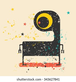 Cute monster on retro grunge background. Cartoon illustration. Vintage vector illustration