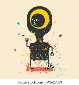 Cute monster on retro grunge background. Cartoon illustration. Vintage vector illustration