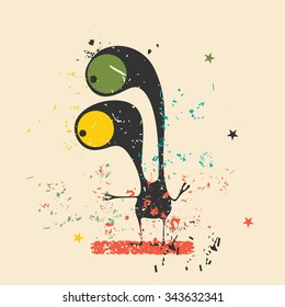 Cute monster on retro grunge background. Cartoon illustration. Vintage vector illustration