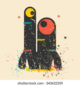Cute monster on retro grunge background. Cartoon illustration. Vintage vector illustration