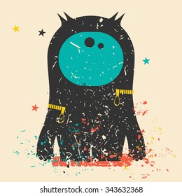 Cute monster on retro grunge background. Cartoon illustration. Vintage vector illustration