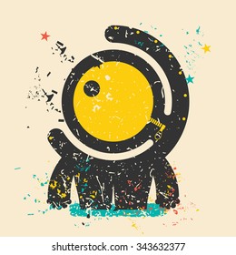 Cute monster on retro grunge background. Cartoon illustration. Vintage vector illustration