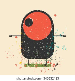 Cute monster on retro grunge background. Cartoon illustration. Vintage vector illustration