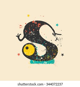 Cute monster on retro grunge background. Cartoon illustration. Vintage vector illustration.