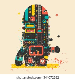 Cute monster on retro grunge background. Cartoon illustration. Vintage vector illustration.