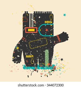 Cute monster on retro grunge background. Cartoon illustration. Vintage vector illustration.