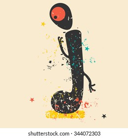 Cute monster on retro grunge background. Cartoon illustration. Vintage vector illustration.