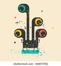 Cute monster on retro grunge background. Cartoon illustration. Vintage vector illustration.