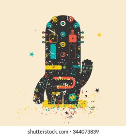Cute monster on retro grunge background. Cartoon illustration. Vintage vector illustration.