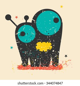 Cute monster on retro grunge background. Cartoon illustration. Vintage vector illustration.