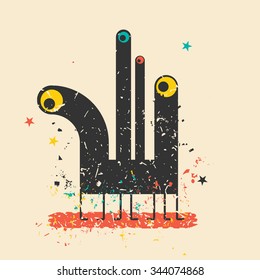 Cute monster on retro grunge background. Cartoon illustration. Vintage vector illustration.